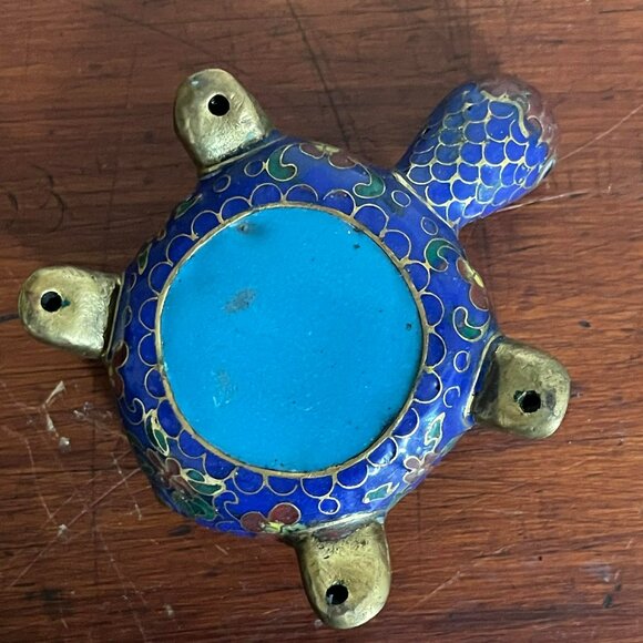 VINTAGE REAL CLOISONNÉ turtle trinket box. Miniature 3 inches. BRASS - Picture 8 of 9
